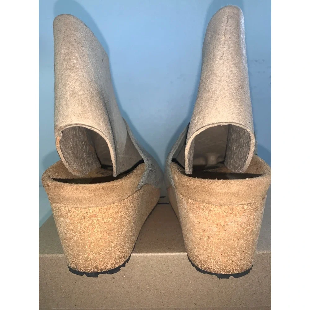 Papillio by Birkenstock Namica Metallic Silver Grey Suede Cork Wedge Sandals 36
